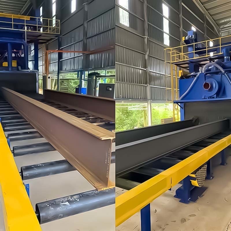 Yellow and Blue Steel I-Beam Cleaning Equipment Roller Conveyor Shot Blasting Machine