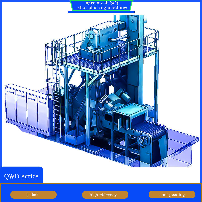 Automotive Components Crawler Abrator Yellow and Blue Wire Mesh Belt Shot Blasting Machine